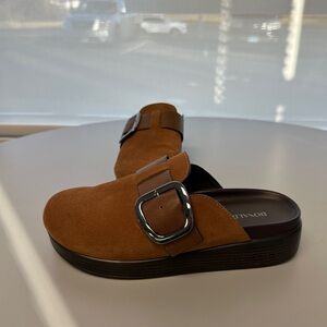 Donald Pliner Suede Slip-On Mules in Brown with Buckle